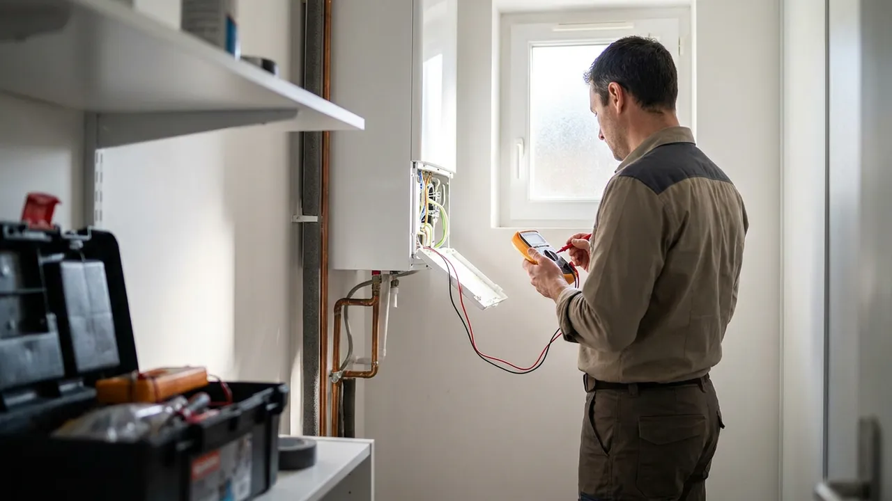 Plombier diagnostiquant un chauffe-eau électrique dans un appartement de Bobigny
