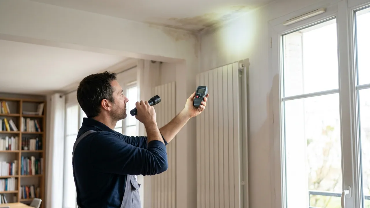 Plafond marqué par un dégât des eaux dans un appartement en copropriété à Bobigny