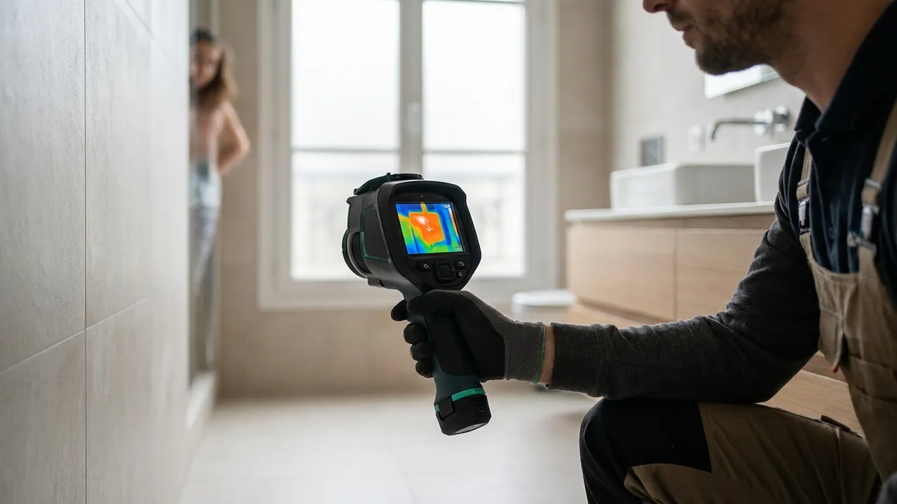 Recherche de fuite à la caméra thermique sur un mur d'appartement à Bobigny